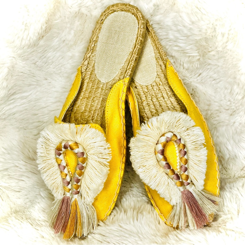 NWOT! Yellow Slip On Espadrilles - Ivory, Orange, & Rose Rope & Tassels - Size 7 - Picture 2 of 3